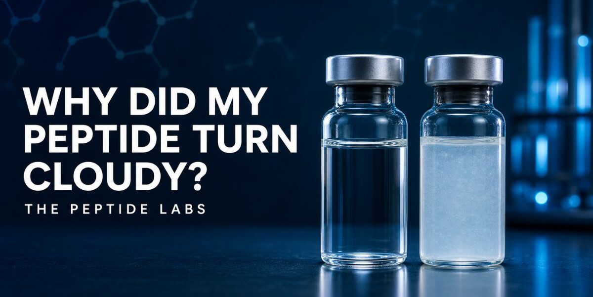Cloudy peptide solution compared with a clear peptide solution in laboratory vials